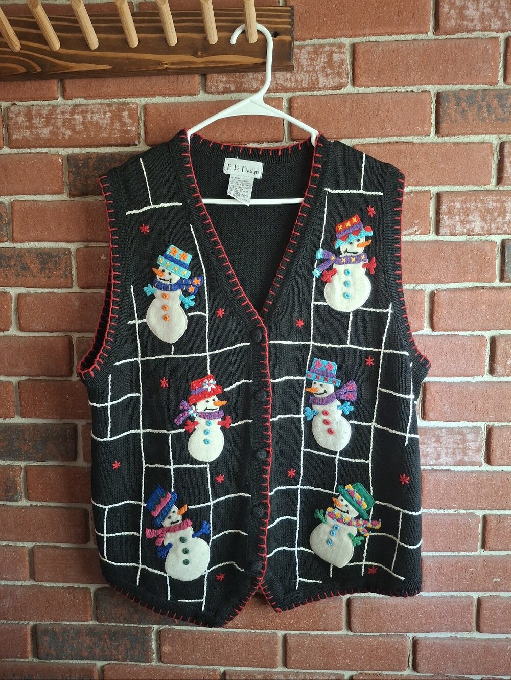 Vintage B P Designs Size XL Black w Felt Appliqued Snowmen Vest